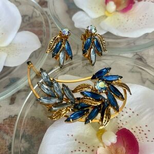 Beautiful Vintage Austrian Gold and Blue Crystal Leaf Jewelry Set